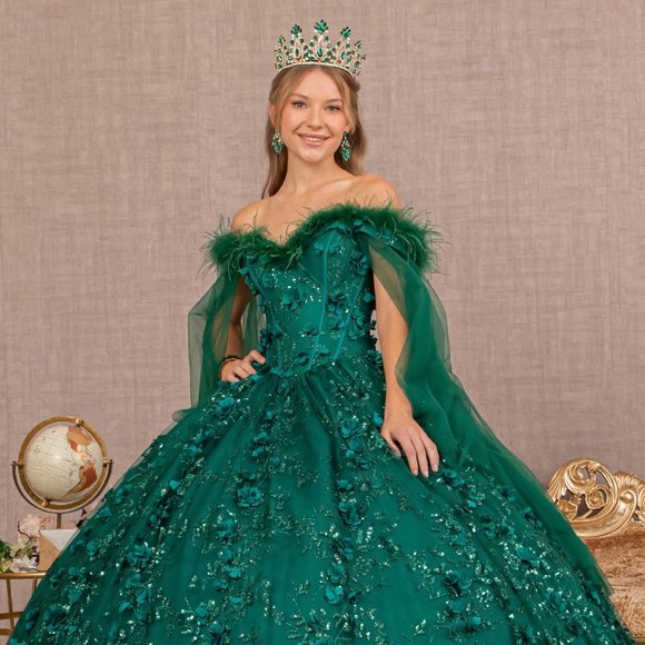 NEW OFF THE SHOULDER SLEEVELESS BALL GOWN WITH MESH CAPE & LACE UP BACK GL3101 - Picture 4 of 11